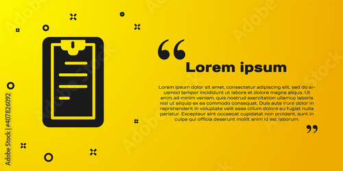 Black Clipboard with checklist icon isolated on yellow background. Control list symbol. Survey poll or questionnaire feedback form. Vector.