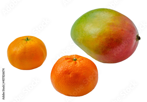 Oranges, tangerines, apples, mangoes. Isolated images of fruits.