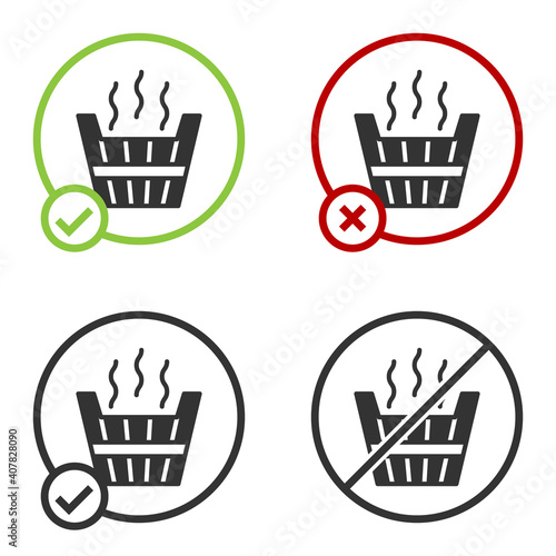 Black Sauna bucket icon isolated on white background. Circle button. Vector.
