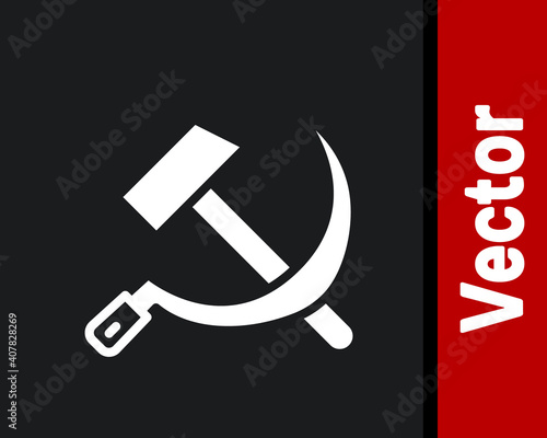 White Hammer and sickle USSR icon isolated on black background. Symbol Soviet Union. Vector.