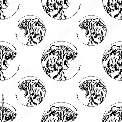 Tiger head roar illustration doodle tattoo design with free hand pen drawing in circle frame motif black and white Seamless pattern vector with white background for printing 