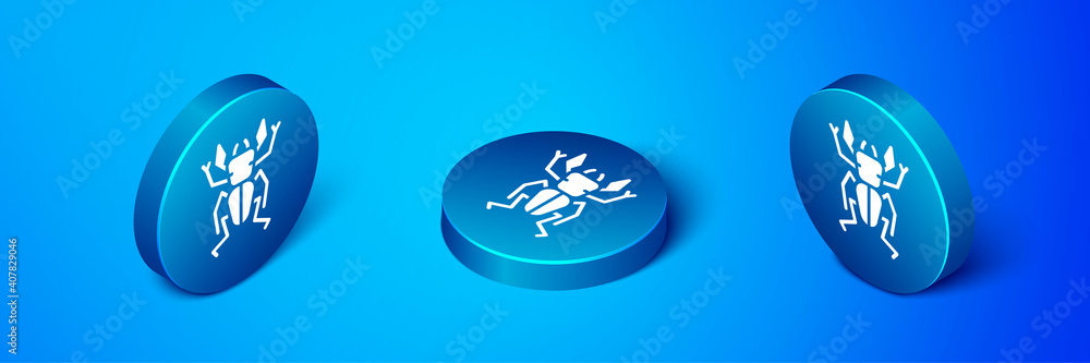 Isometric Beetle deer icon isolated on blue background. Horned beetle. Big insect. Blue circle button. Vector. Isometric Beetle deer icon isolated on blue background. Horned beetle. Big insect. Blue circle button. Vector.