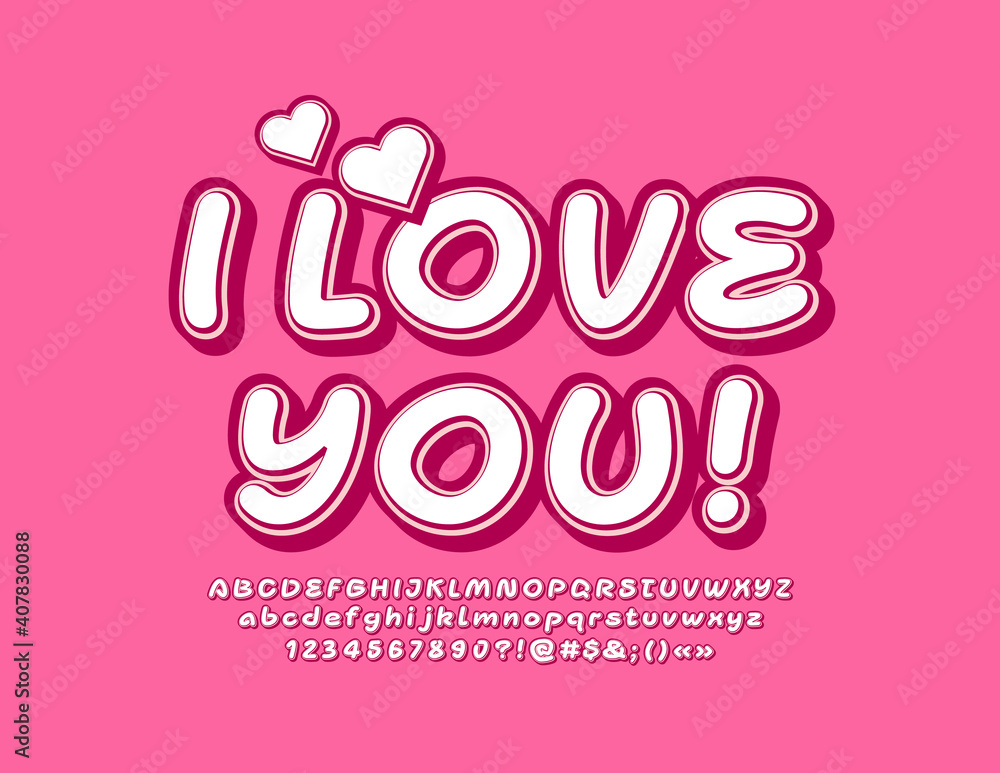 Vector cute card I Love You with Hearts. Decorative trendy Font. Creative Alphabet Letters and Numbers set Vector cute card I Love You with Hearts. Decorative trendy Font. Creative Alphabet Letters and Numbers set