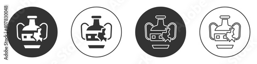 Black Broken ancient amphorae icon isolated on white background. Circle button. Vector.