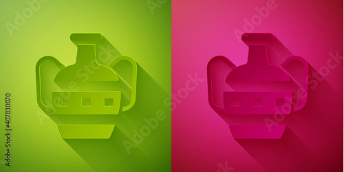 Paper cut Ancient amphorae icon isolated on green and pink background. Paper art style. Vector.