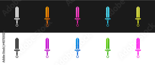 Set Medieval sword icon isolated on black and white background. Medieval weapon. Vector.