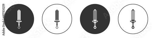Black Medieval sword icon isolated on white background. Medieval weapon. Circle button. Vector.