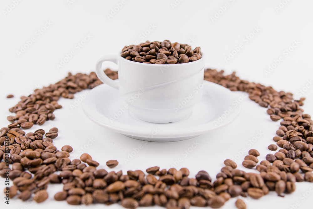 coffee cup with coffee beans on white background coffee cup with coffee beans on white background