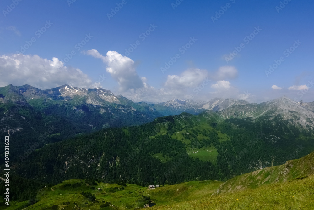 mountain valley with green hills and beautiful sky