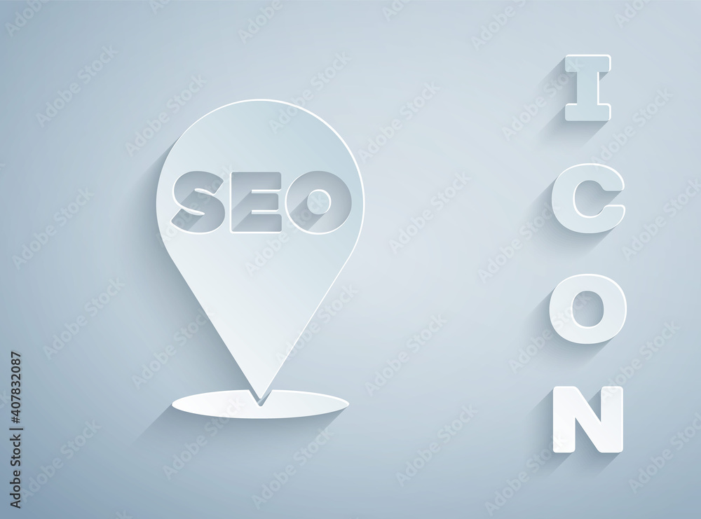 Paper cut SEO optimization icon isolated on grey background. Paper art style. Vector. Paper cut SEO optimization icon isolated on grey background. Paper art style. Vector.