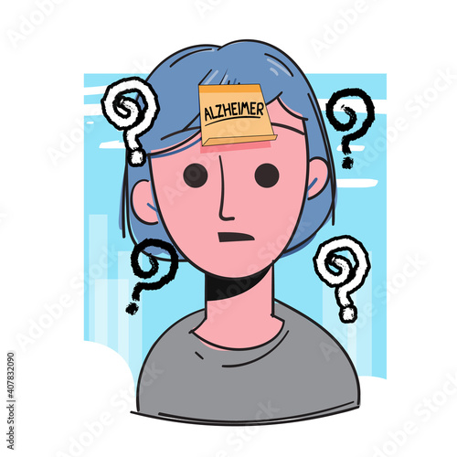 elder female with word "Alzheimer"  in sticky note on her head. Alzheimer concept
