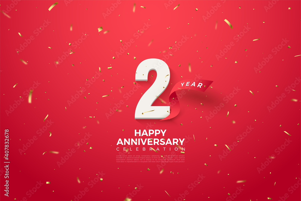 2nd Anniversary with red ribbon illustration curved behind numbers. - obrazy, fototapety, plakaty 