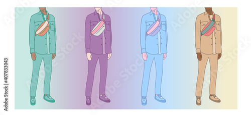 Guy with a fanny pack, stylish teen, isolated vector illustration. Accessory for travelling