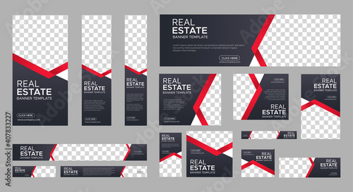 Real Estate web banner design template Set. Vertical, Horizontal and Square banners with standard size and place for photos. Vector design EPS