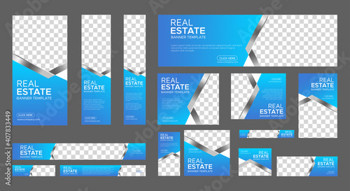 Real Estate web banner design template Set. Vertical  Horizontal and Square banners with standard size and place for photos. Vector design EPS
