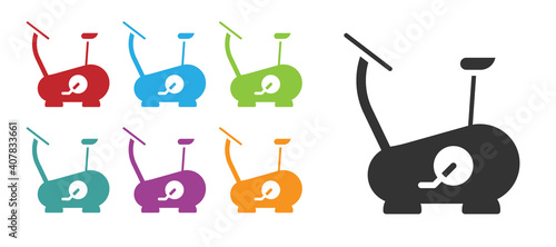 Black Stationary bicycle icon isolated on white background. Exercise bike. Set icons colorful. Vector.
