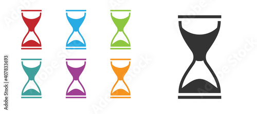 Black Old hourglass with flowing sand icon isolated on white background. Sand clock sign. Business and time management concept. Set icons colorful. Vector.