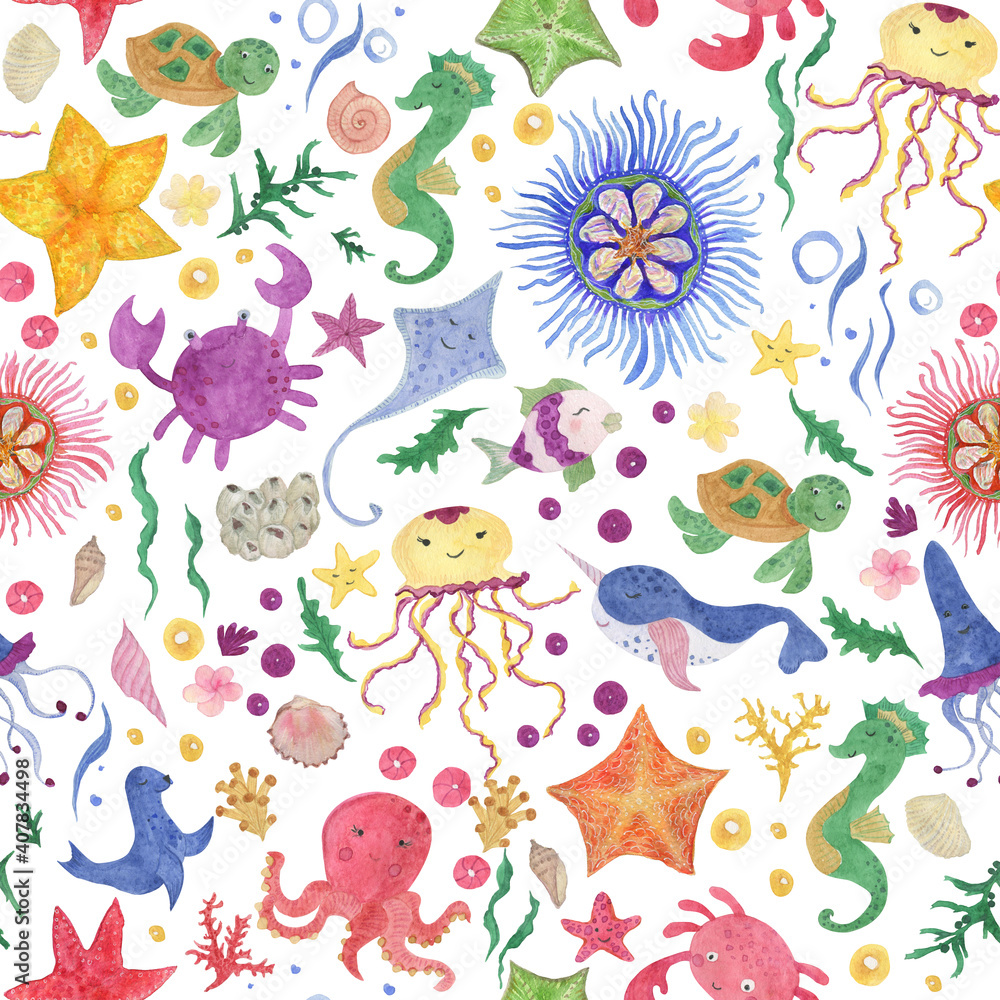 Fototapeta Watercolor painting cute kids seamless pattern with sea baby animals, fishes, crab, star, weed, corals