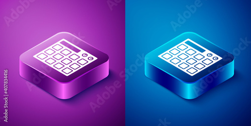 Isometric Drum machine music producer equipment icon isolated on blue and purple background. Square button. Vector.
