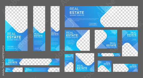Real Estate web banner design template Set. Vertical, Horizontal and Square banners with standard size and place for photos. Vector design EPS