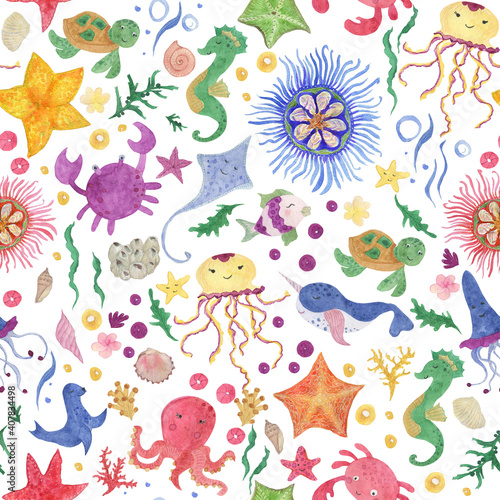 Watercolor painting cute kids seamless pattern with sea baby animals, fishes, crab, star, weed, corals © ramiia