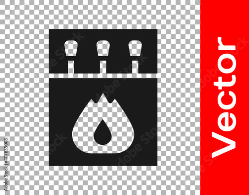 Black Open matchbox and matches icon isolated on transparent background. Vector.