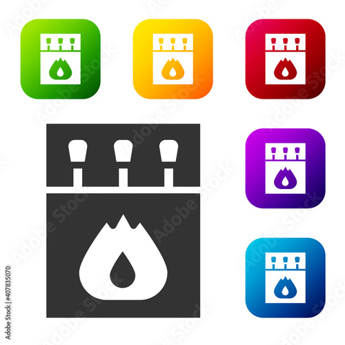 Black Open matchbox and matches icon isolated on white background. Set icons in color square buttons. Vector.