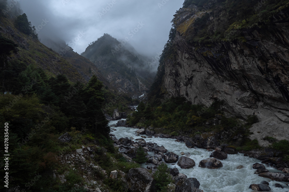 River in Mountain hills, early morning, Nepal area, way to Mount Everest