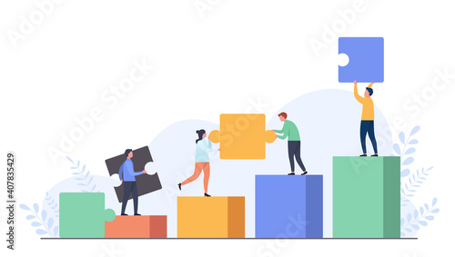 People connect puzzle pieces to help colleagues climb the stairs. Business concept teamwork, cooperation and partnership. Team support and growing together.