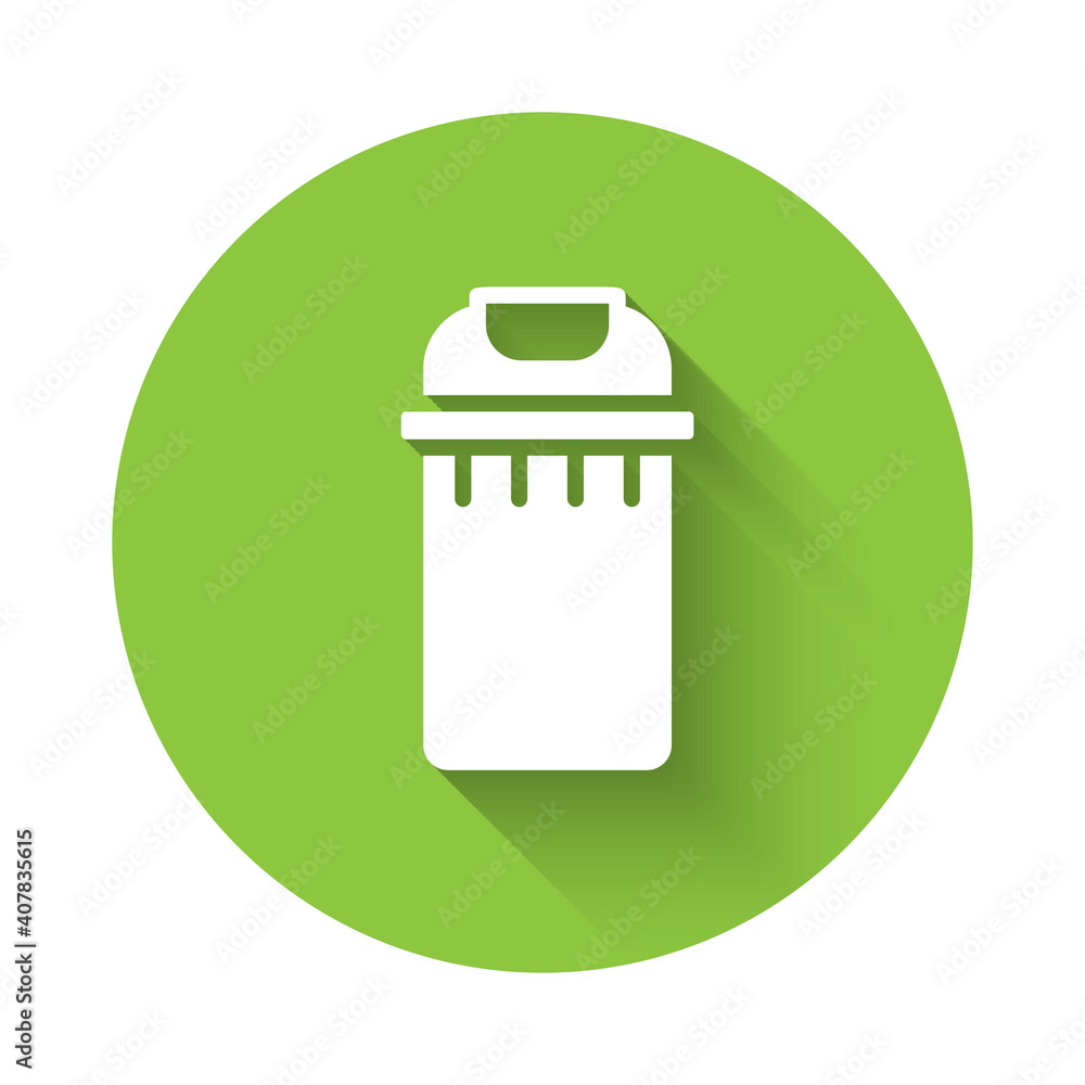 White Trash can icon isolated with long shadow. Garbage bin sign. Recycle basket icon. Office trash icon. Green circle button. Vector. White Trash can icon isolated with long shadow. Garbage bin sign. Recycle basket icon. Office trash icon. Green circle button. Vector.