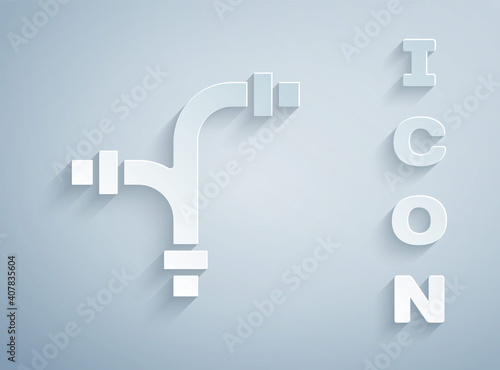 Paper cut Industry metallic pipe icon isolated on grey background. Plumbing pipeline parts of different shapes. Paper art style. Vector.