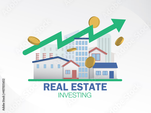 Real estate with upside arrow and coins. Real estate investing illustration vector.