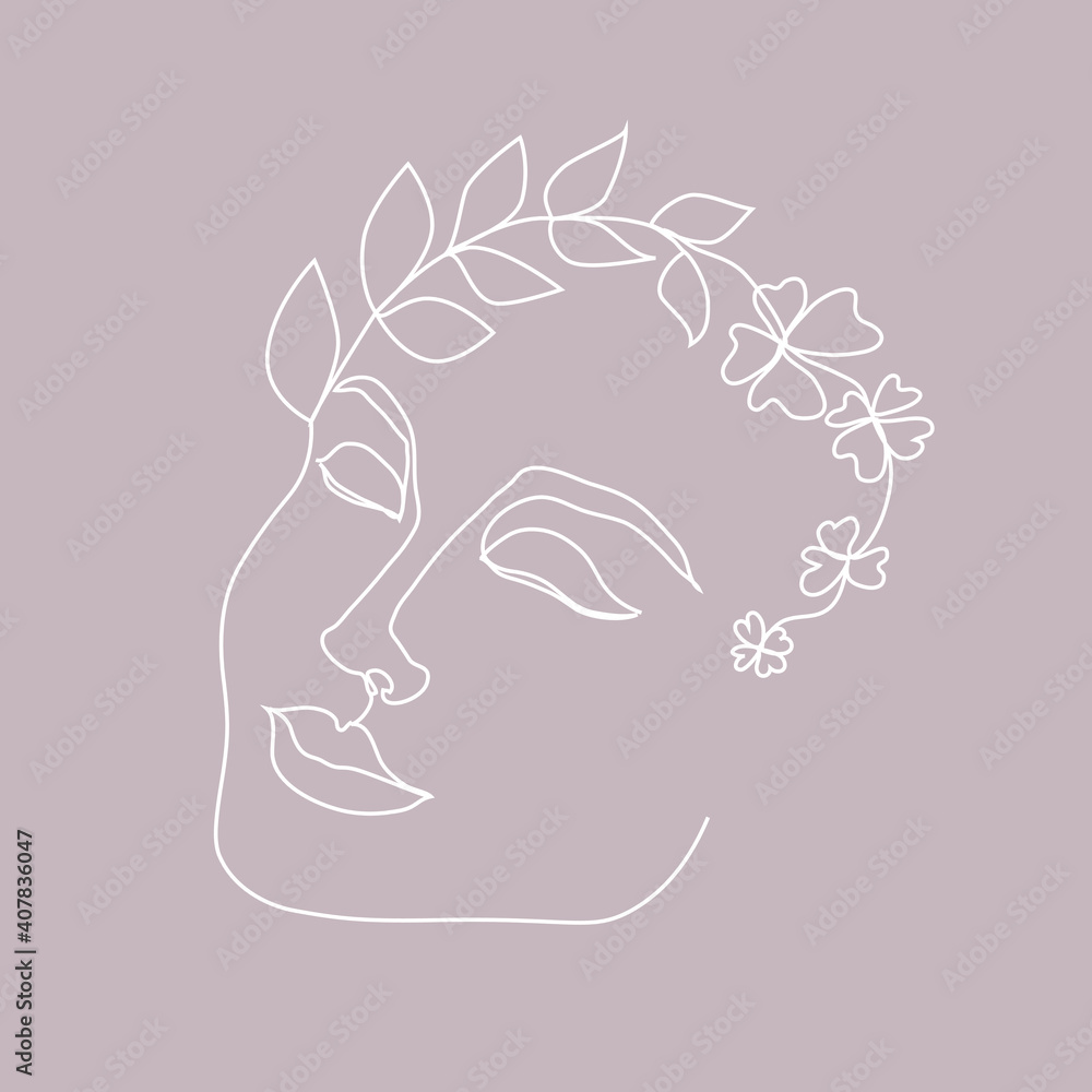 woman face line art with flowers and leaves. Beauty and fashion vector illustration. Graphic design. One line drawning for prints, textile, logo, for beauty blogs woman face line art with flowers and leaves. Beauty and fashion vector illustration. Graphic design. One line drawning for prints, textile, logo, for beauty blogs