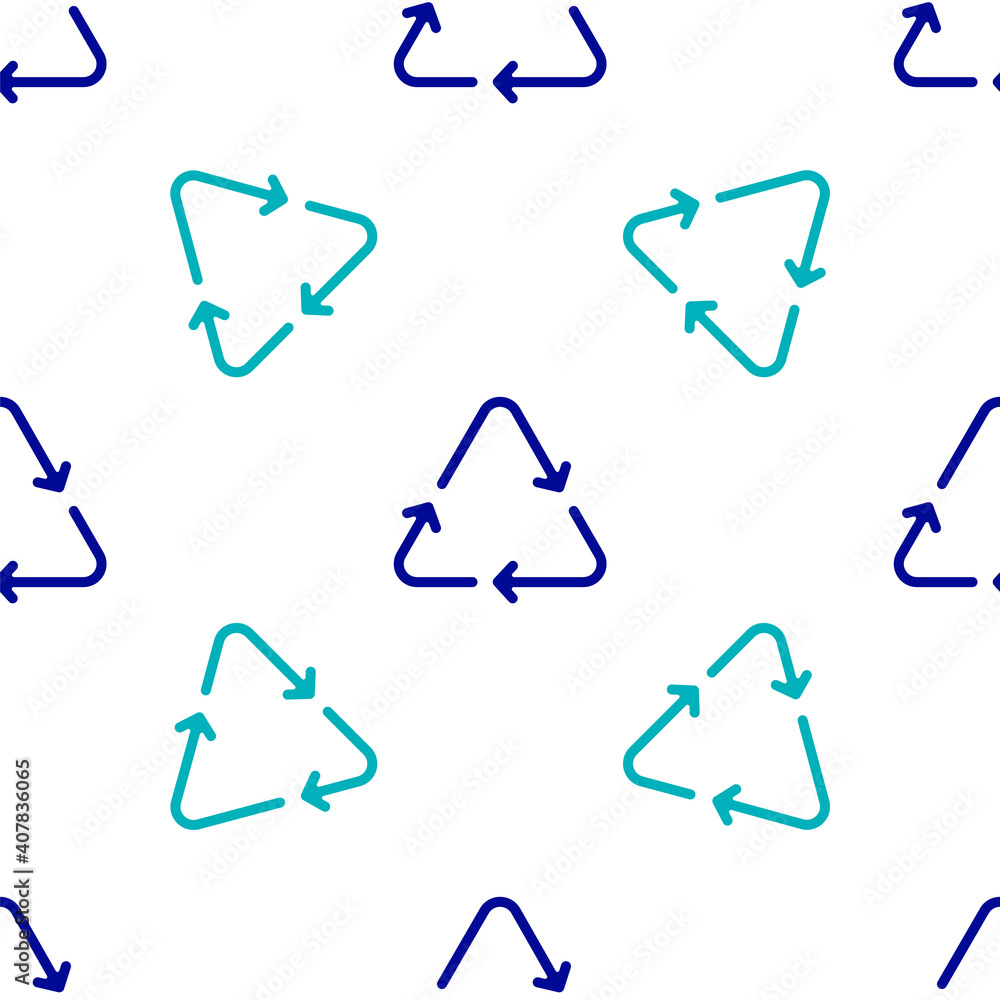 Blue Recycle symbol icon isolated seamless pattern on white background. Circular arrow icon. Environment recyclable go green. Vector.