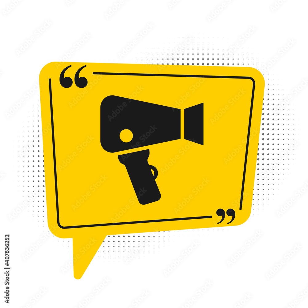 Black Hair dryer icon isolated on white background. Hairdryer sign. Hair drying symbol. Blowing hot air. Yellow speech bubble symbol. Vector. Black Hair dryer icon isolated on white background. Hairdryer sign. Hair drying symbol. Blowing hot air. Yellow speech bubble symbol. Vector.