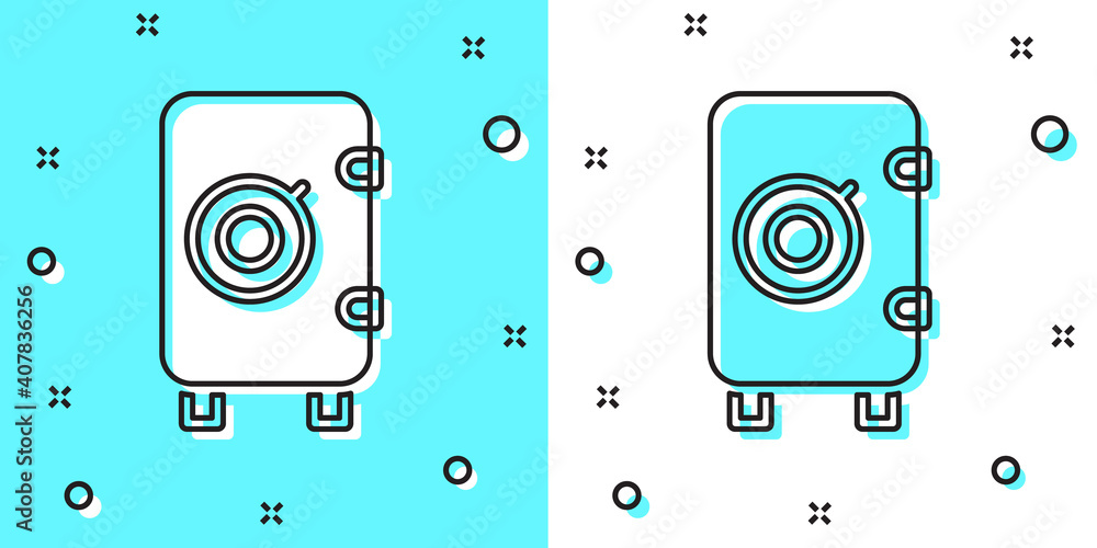 Black line Safe icon isolated on green and white background. The door safe a bank vault with a combination lock. Reliable Data Protection. Random dynamic shapes. Vector. Black line Safe icon isolated on green and white background. The door safe a bank vault with a combination lock. Reliable Data Protection. Random dynamic shapes. Vector.