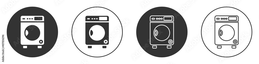 Black Washer icon isolated on white background. Washing machine icon. Clothes washer - laundry machine. Home appliance symbol. Circle button. Vector.