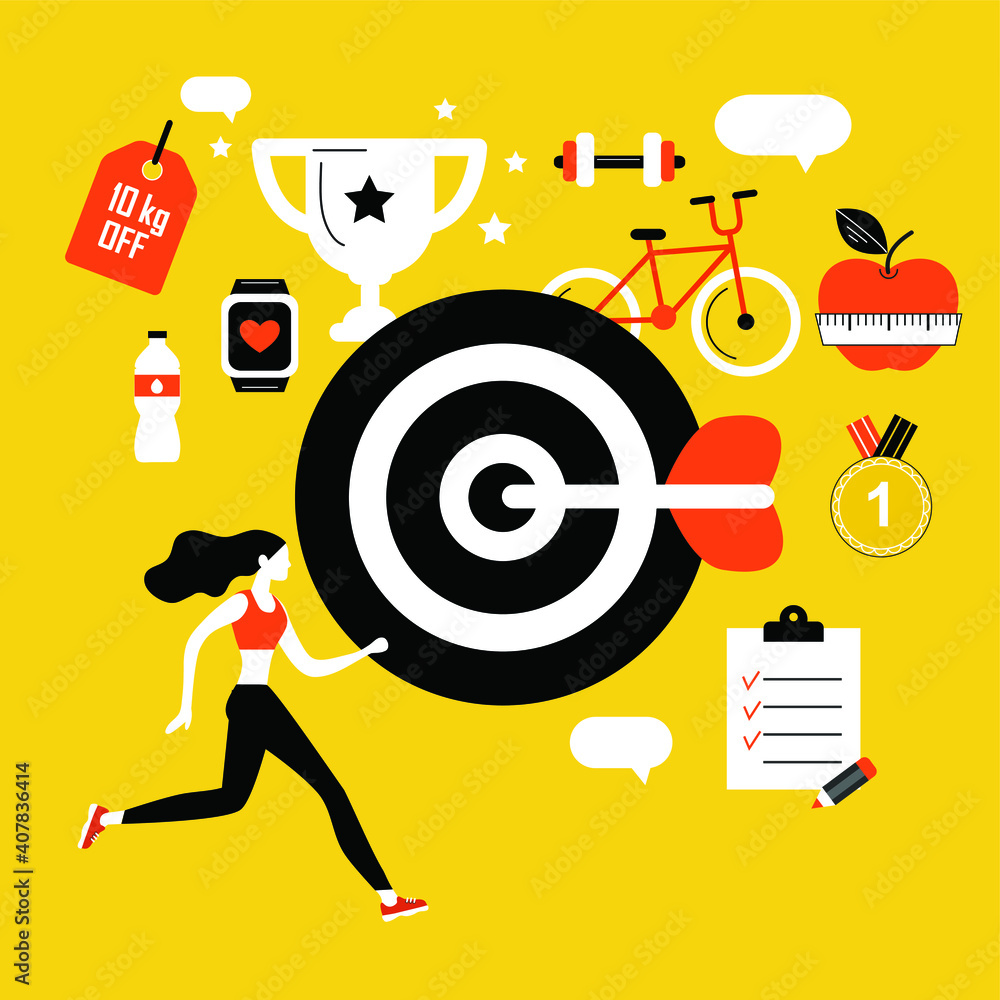 © iuliia - yellow background with running girl and sport icons