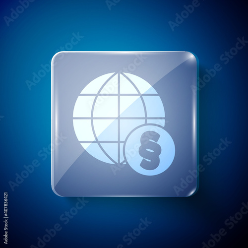 White International law icon isolated on blue background. Global law logo. Legal justice verdict world. Square glass panels. Vector.