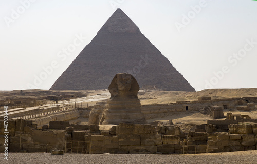 Sphinx on the background of the pyramid  landscape of Giza