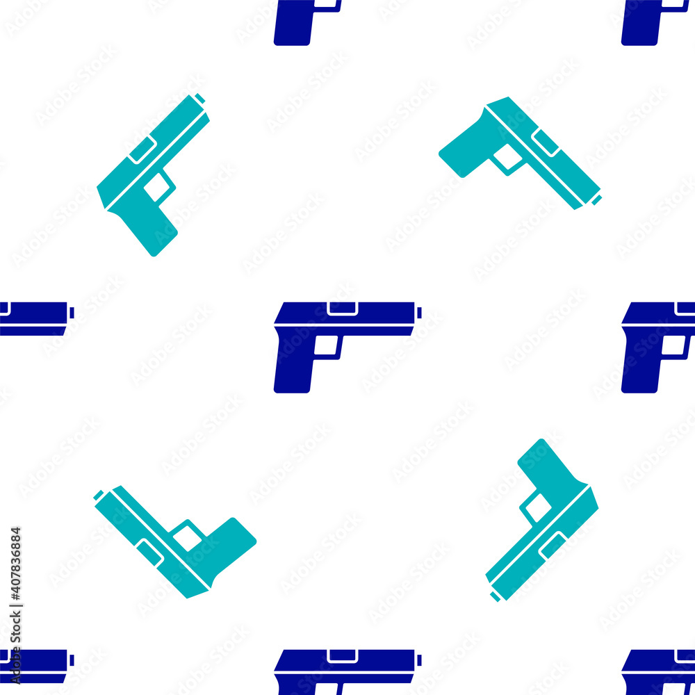 Blue Pistol or gun icon isolated seamless pattern on white background. Police or military handgun. Small firearm. Vector. Blue Pistol or gun icon isolated seamless pattern on white background. Police or military handgun. Small firearm. Vector.