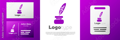 Logotype Feather and inkwell icon isolated on white background. Logo design template element. Vector.