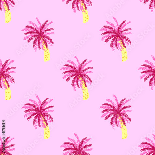 Bright pink palm tree shapes seamless nature exotic pattern. Tropic plants backdrop with pastel background.