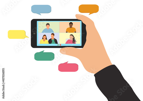 Video call with friends or colleagues at work. Hand of man holding smartphone, screen shows people with bubbles. Virtual online communication, distance conversation.  Vector illustration.