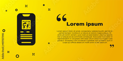 Black Online ticket booking and buying app interface icon isolated on yellow background. E-tickets ordering. Electronic train ticket on screen. Vector.