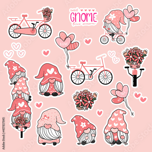 Cute Valentine Gnome sweet pink love collection, gnome on bicycle sticker printable set.