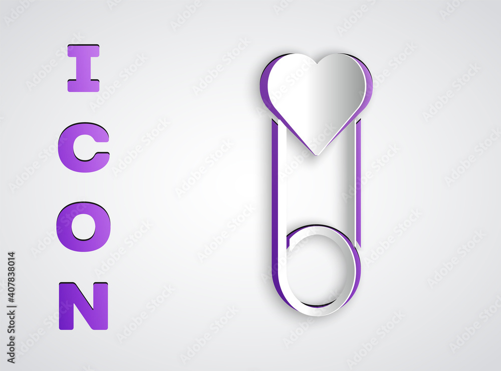 Paper cut Baby clothes pin icon isolated on grey background. Classic closed steel safety pin. Paper art style. Vector. Paper cut Baby clothes pin icon isolated on grey background. Classic closed steel safety pin. Paper art style. Vector.