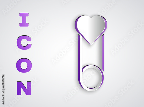 Paper cut Baby clothes pin icon isolated on grey background. Classic closed steel safety pin. Paper art style. Vector.