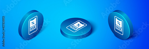 Isometric Cruise ticket for traveling by ship icon isolated on blue background. Travel by Cruise liner. Cruises to Paradise. Blue circle button. Vector.