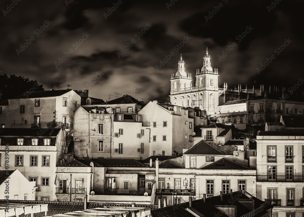 Night view of Lisbon, Portugal with the Monastery of Sao Vicente de Fora